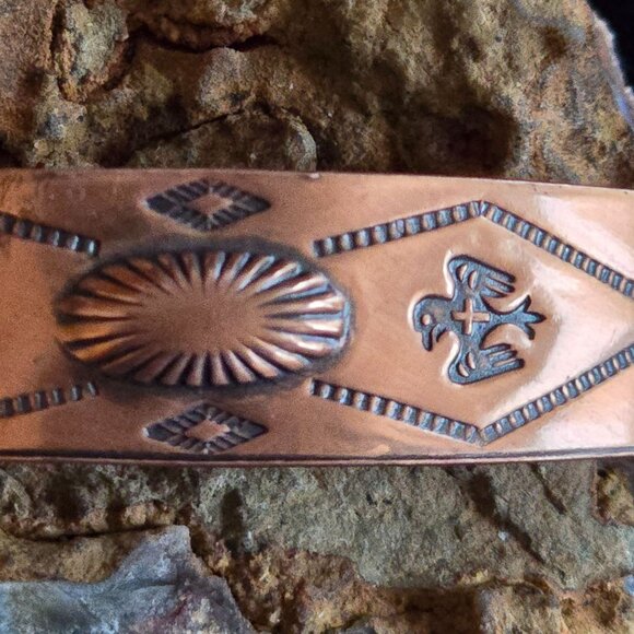VTG Bell Trading Post Copper Cuff Bracelet Etched Thunderbird Tribal Arrow 1940s - Picture 2 of 8